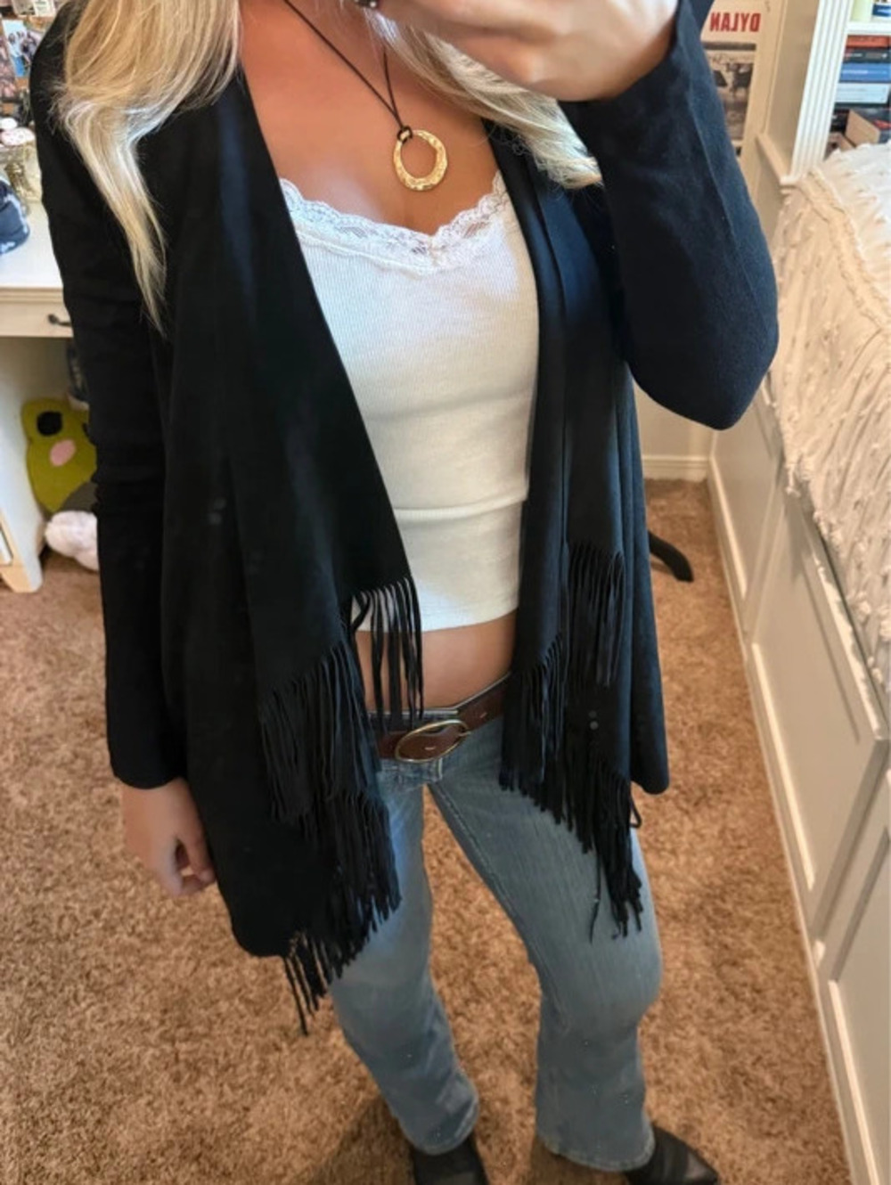 INC International Concepts Black Fringe Open Front Cardigan Petite S Boho